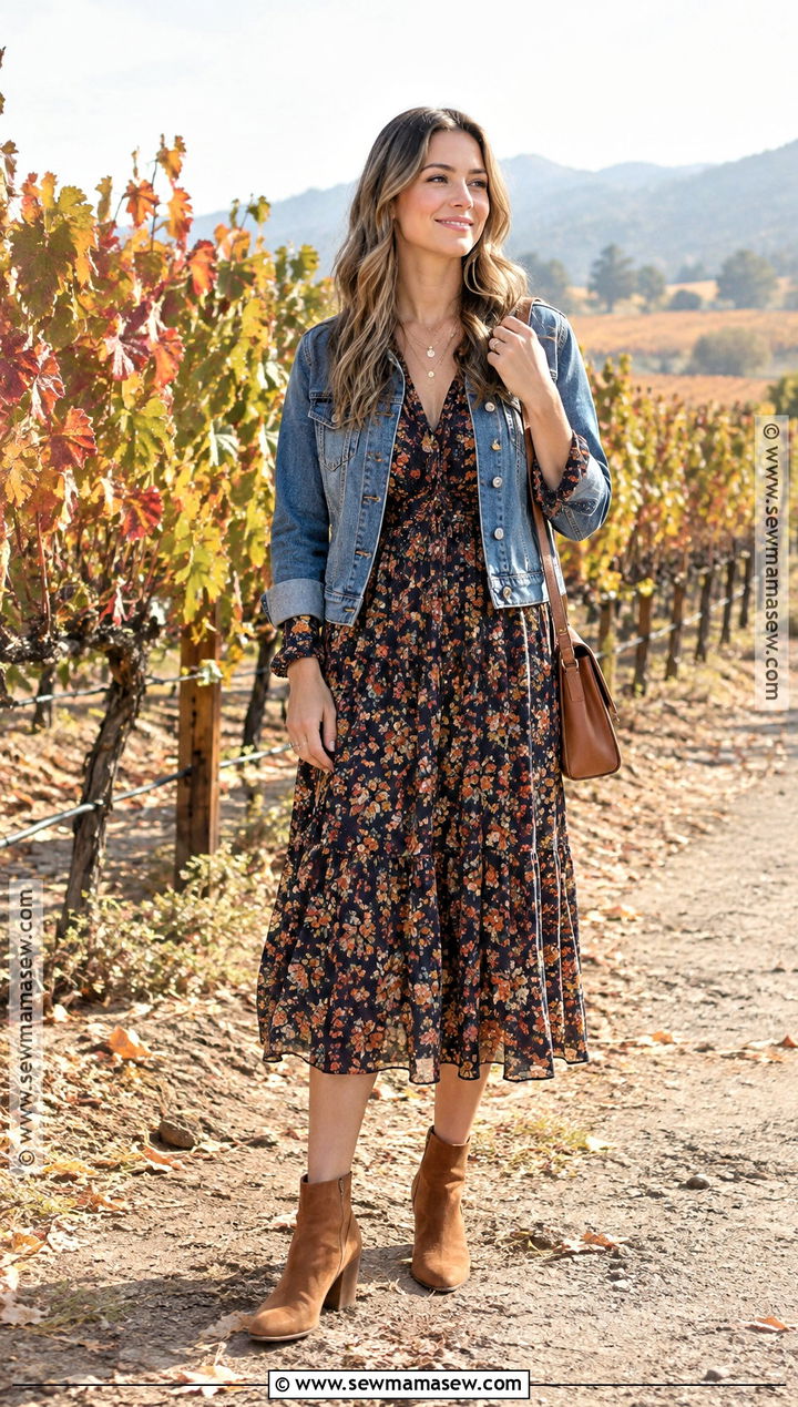 Floral Midi Dress Winery Outfit With Denim Jacket - 15 Outfits For A Winery Fall