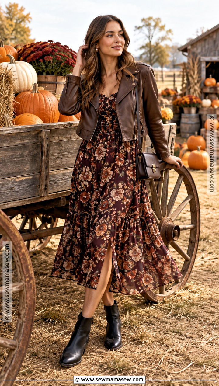 Floral Midi Dress With A Leather Jacket And Boots - 15 Pumpkin Patch Outfit Ideas for Women 2026