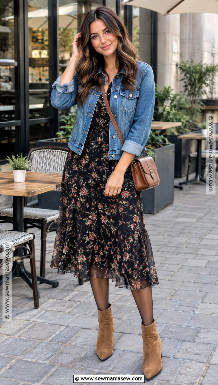 Floral Midi Dress With Ankle Boots - 15 shoes to wear with midi dress fall