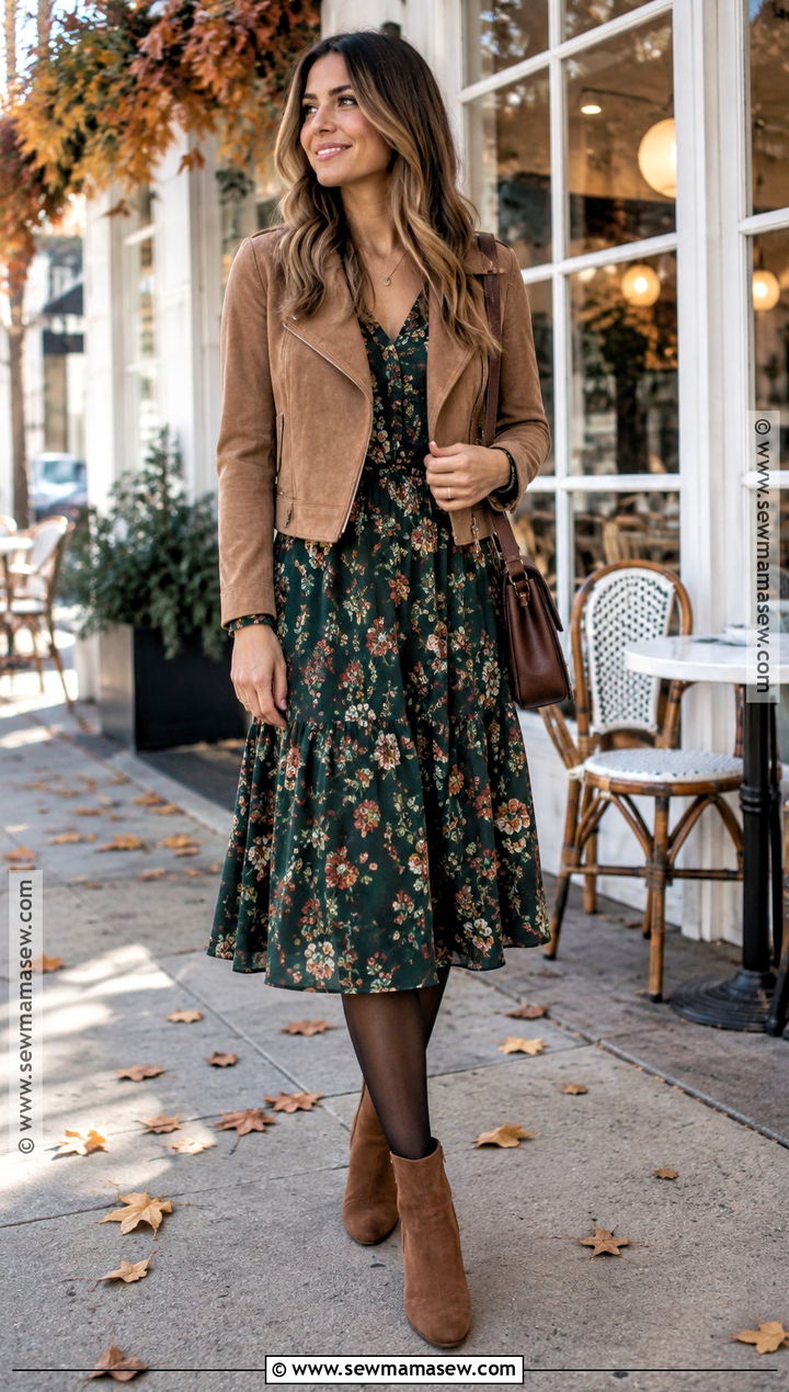 Floral Midi Dress With Ankle Boots - 20 fall outfits women dresses