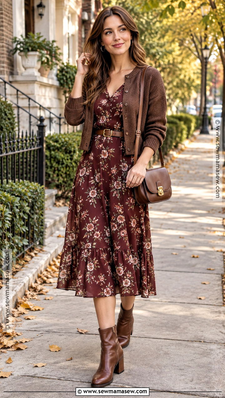 Floral Midi Dress With Ankle Boots - 25 fall dress ideas