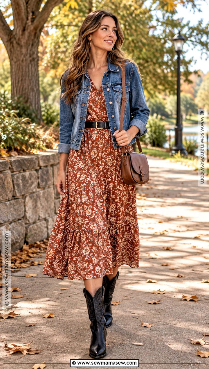 Floral Midi Dress With Black Cowboy Boots - 20 fall outfits with black boots