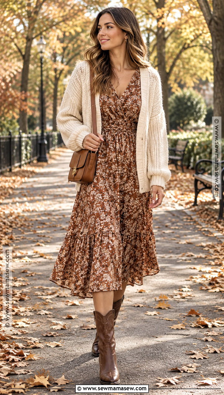 Floral Midi Dress With Brown Cowboy Boots - 15 cowboy boots outfit fall 2026
