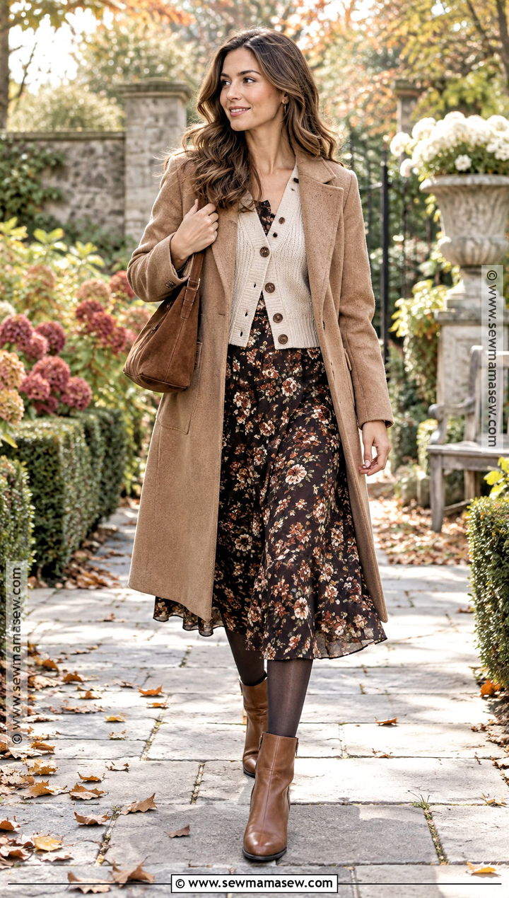 Floral Midi Dress With Brown Tights - 15 fall outfit ideas with tights