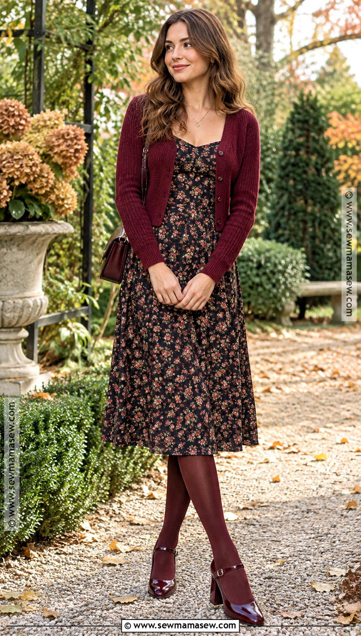 Floral Midi Dress With Burgundy Tights And Mary Janes - 20 fall outfits tights