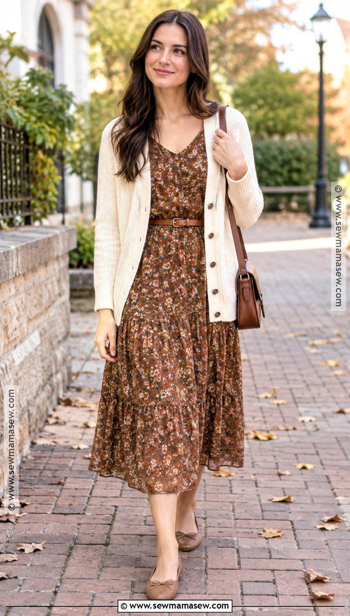 Floral Midi Dress With Cardigan - 20 casual church outfits fall