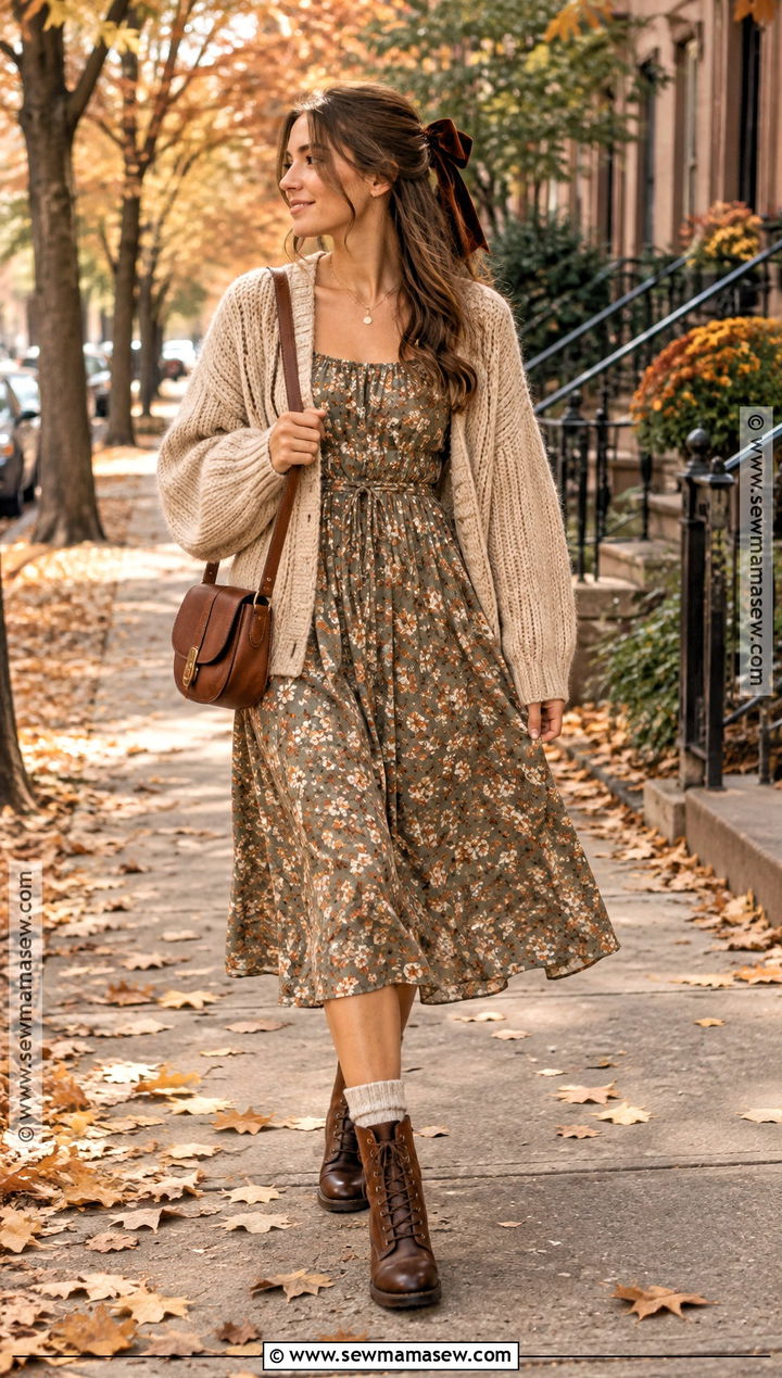 Floral Midi Dress With Cardigan And Boots - 20 Fall Whimsical Outfit Ideas