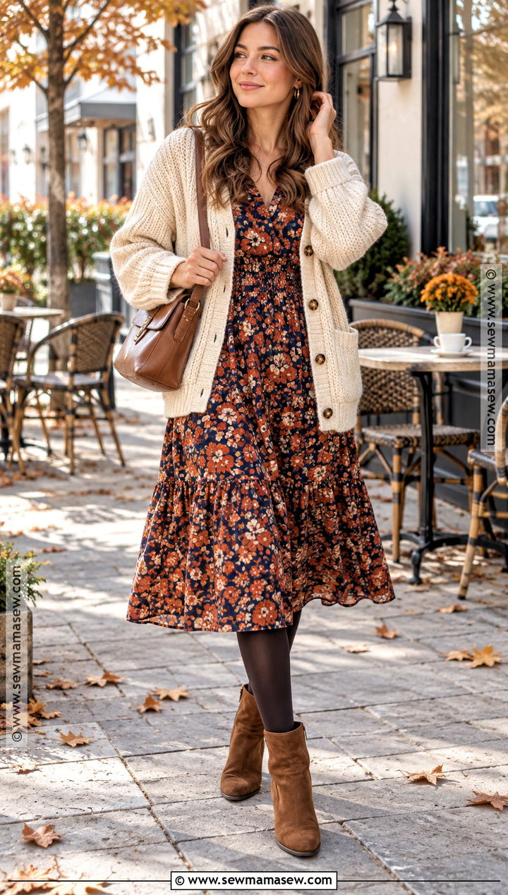 Floral Midi Dress With Cardigan And Boots - 20 Casual Fall Dresses