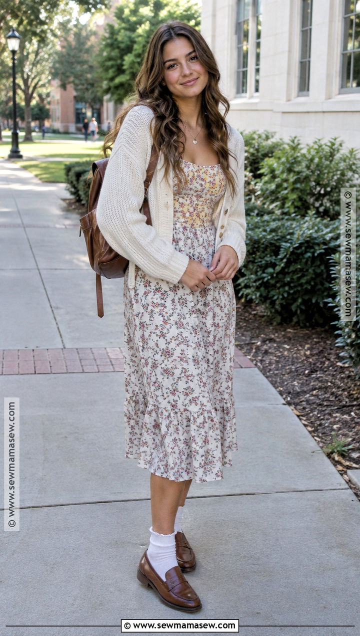 Floral Midi Dress With Cardigan And Loafers - 20 back to school dress ideas