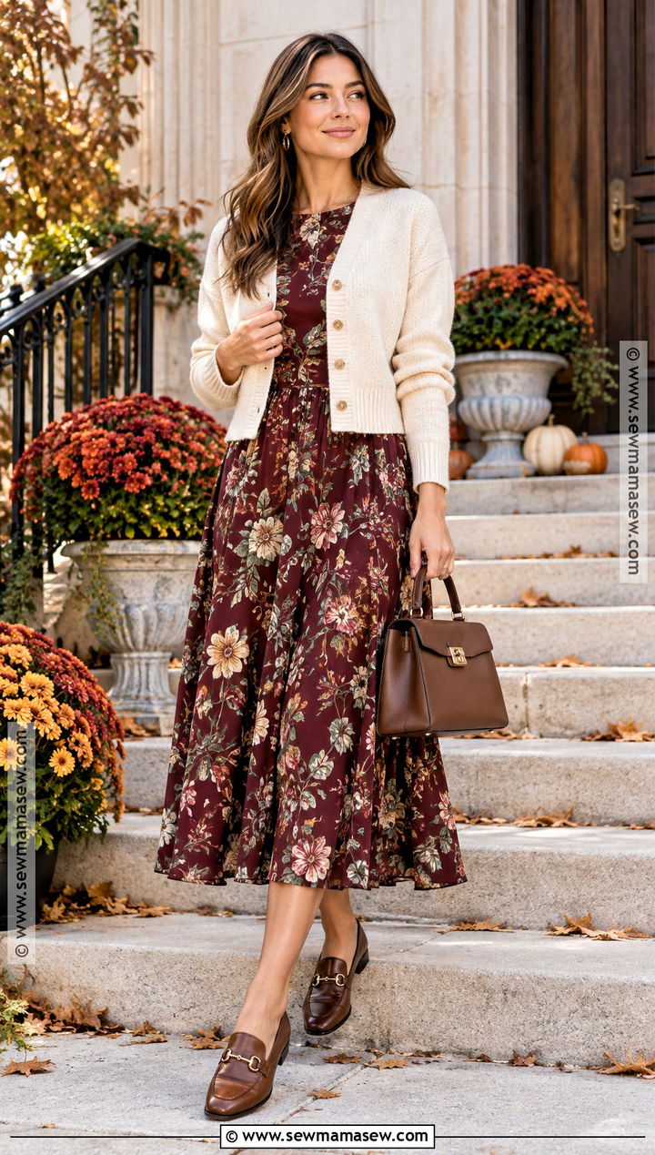 Floral Midi Dress With Cardigan Fall Church Outfit - 20 sunday church outfits fall