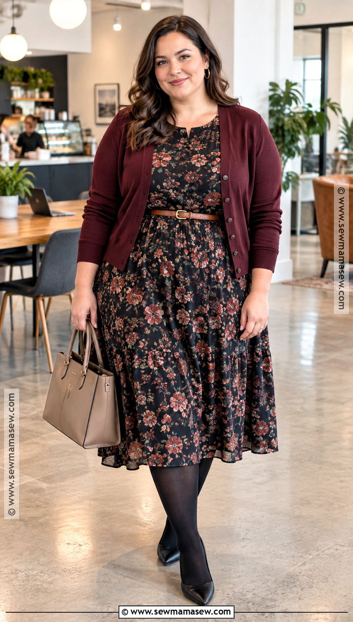 Floral Midi Dress With Cardigan - 15 Fall Dresses For Work
