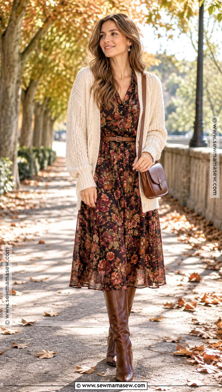 Floral Midi Dress With Chunky Cardigan - 15 Fall Fashion 2026 Ideas for Women