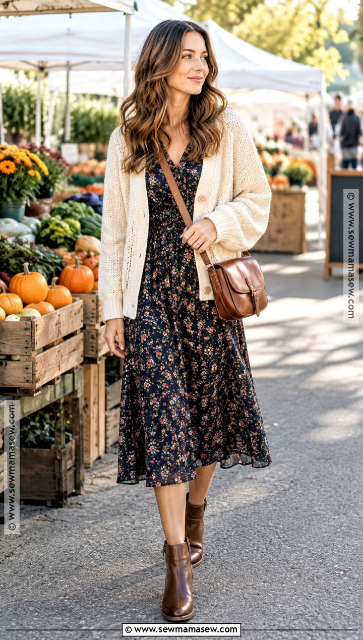 Floral Midi Dress With Chunky Cardigan - 15 fall dress outfit ideas 2026
