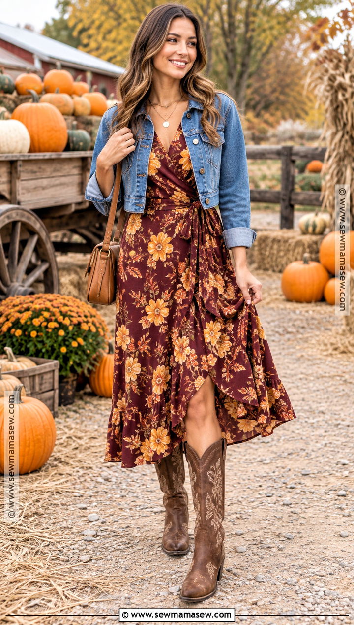 Floral Midi Dress With Cowboy Boots - 15 Cowboy Boots Pumpkin Patch
