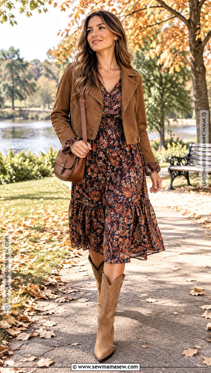 Floral Midi Dress With Cowboy Boots - 15 Fall Boots With Dress
