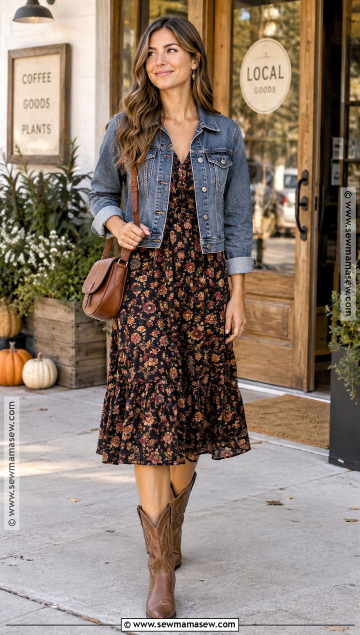 Floral Midi Dress With Cowboy Boots - 20 fall outfit boots