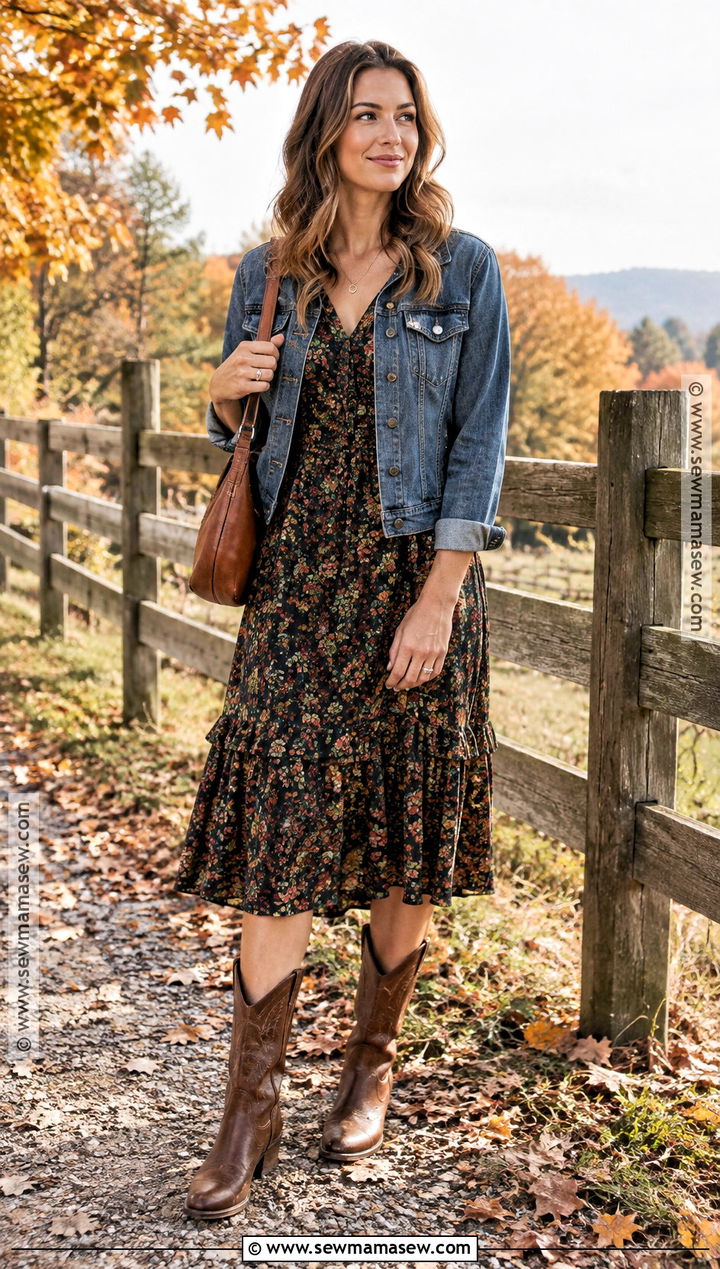 Floral Midi Dress With Cowboy Boots - 25 fall outfits with boots
