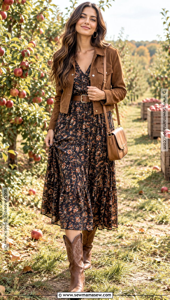 Floral Midi Dress With Cowboy Boots - 15 autumn outfits boots fall fashion