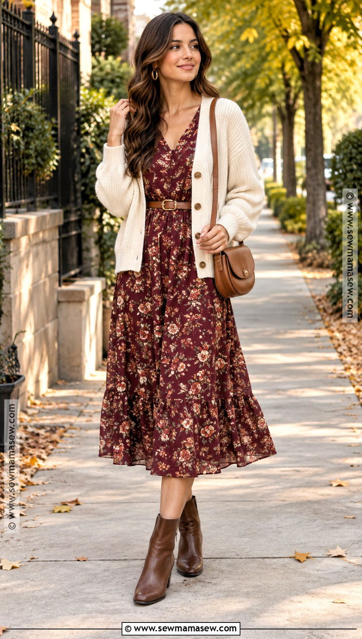 Floral Midi Dress With Cream Cardigan - 20 dress with cardigan fall ideas