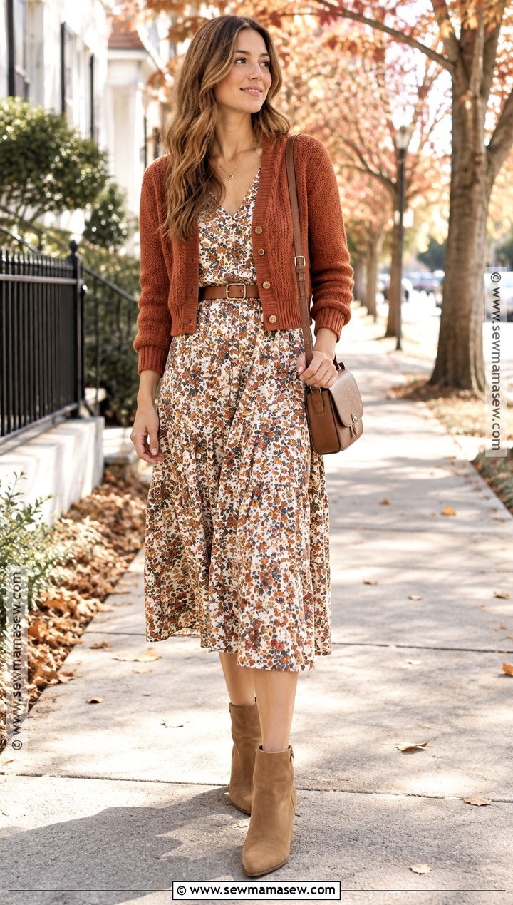 Floral Midi Dress With Cropped Cardigan And Ankle Boots - 15 Layering Summer Dresses For Fall