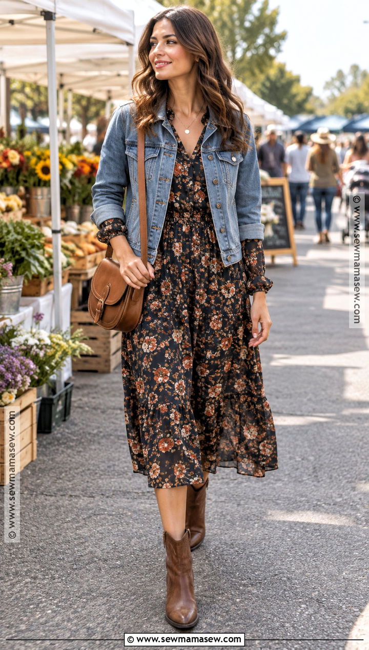 Floral Midi Dress With Denim Jacket - 15 Cute Fall Dresses Casual