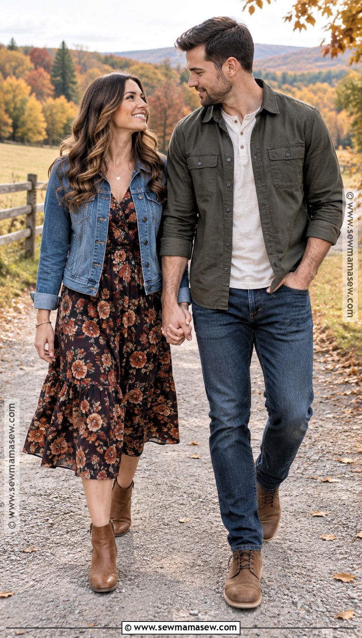 Floral Midi Dress With Denim Jacket - 15 engagement photos outfits autumn