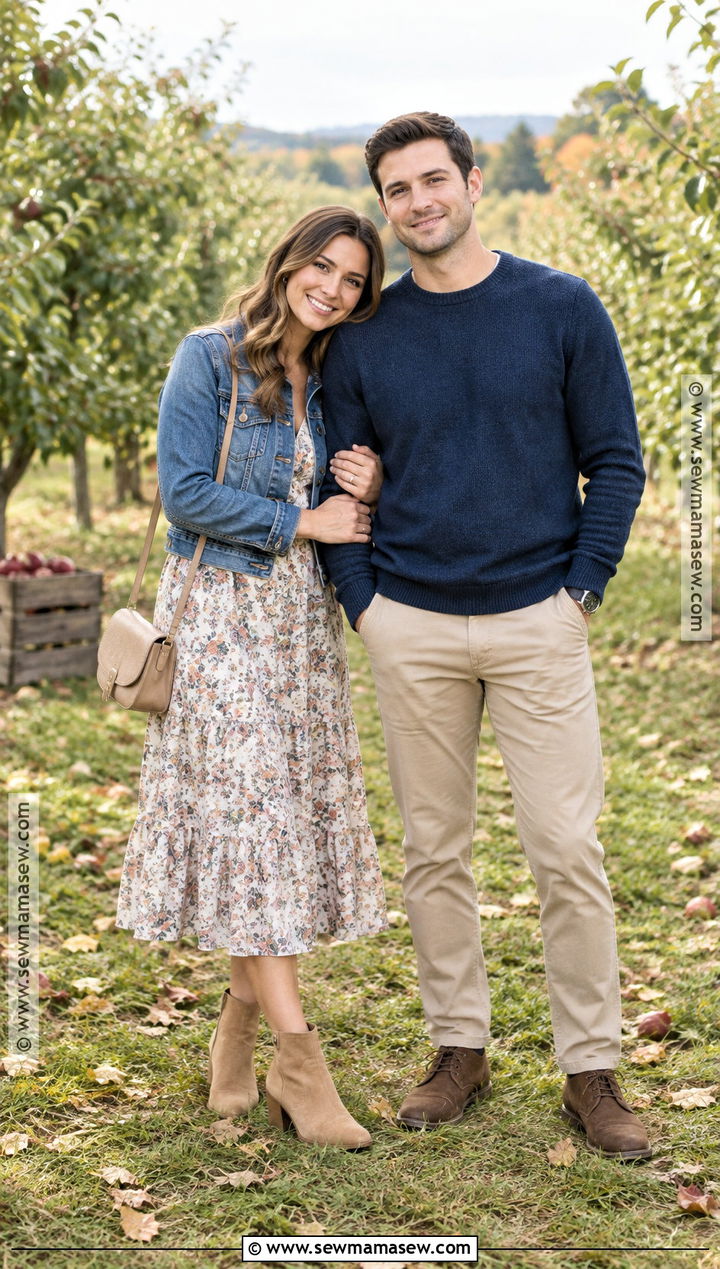 Floral Midi Dress With Denim Jacket - 15 engagement photos outfits september