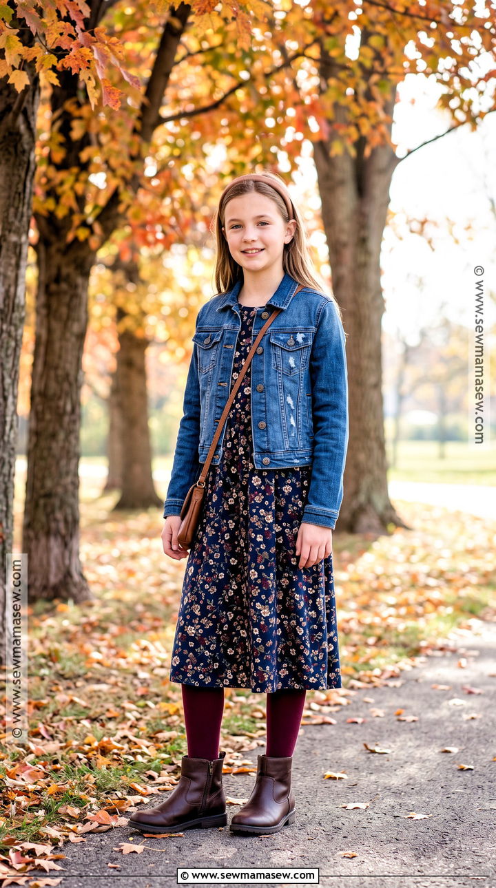 Floral Midi Dress With Denim Jacket - 15 fall dresses for preteens