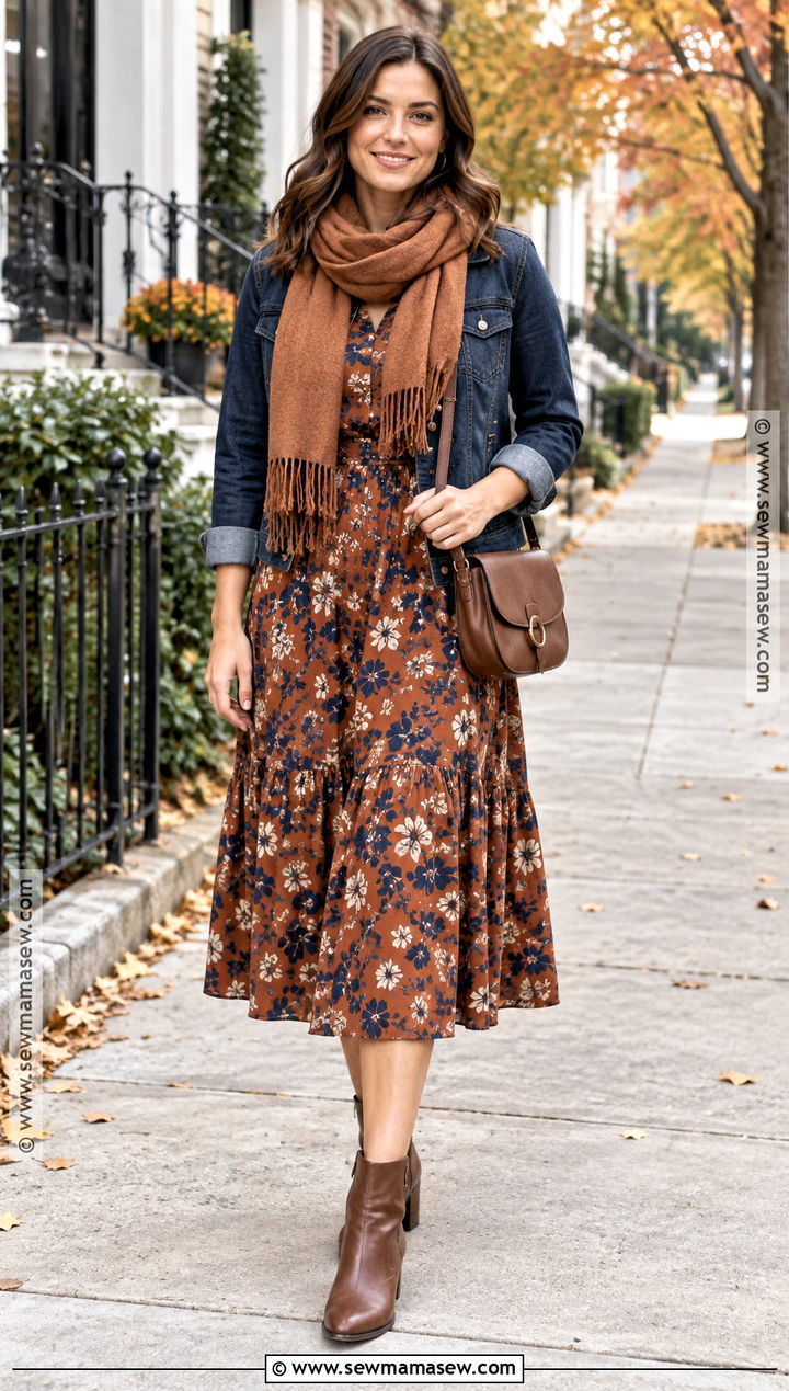 Floral Midi Dress With Denim Jacket - 15 floral print fall outfit ideas