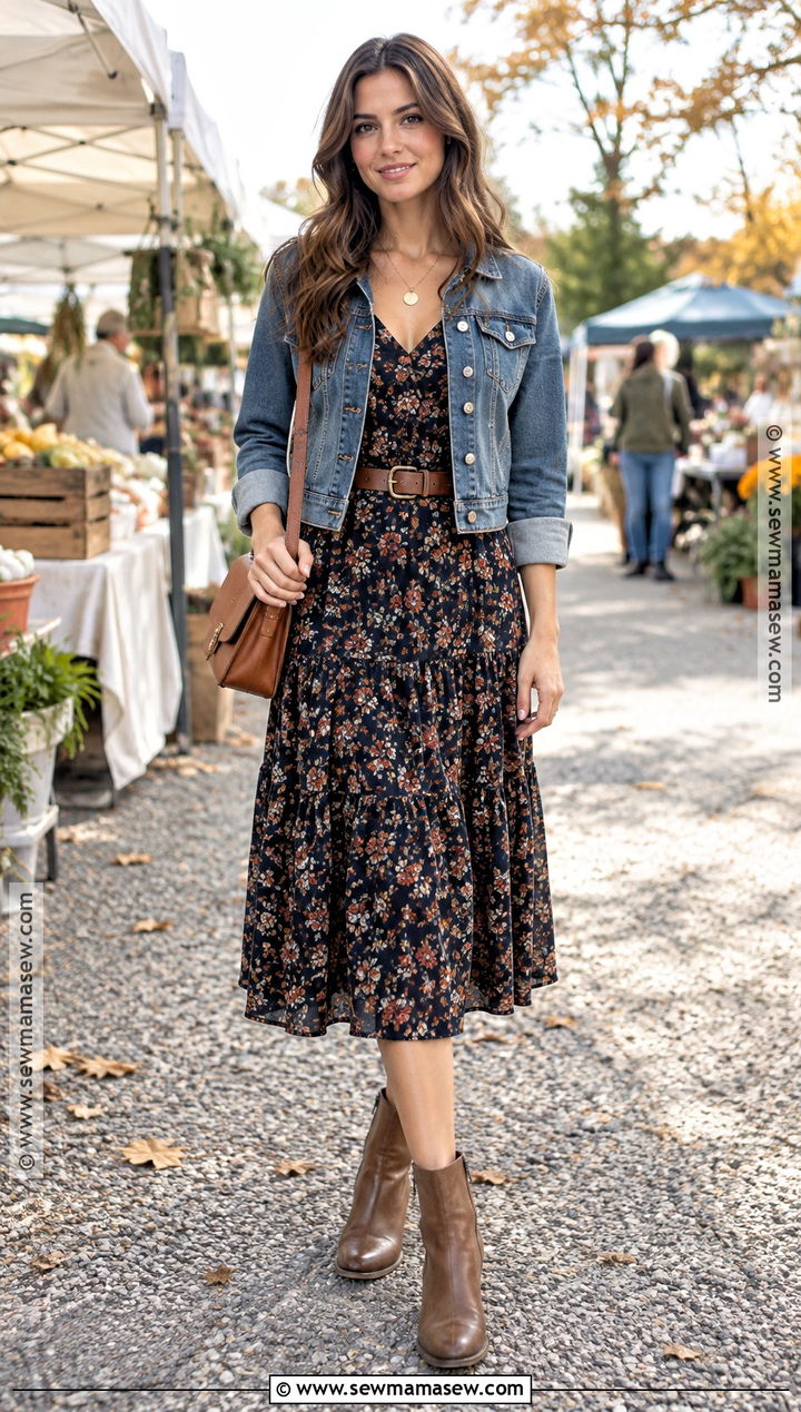 Floral Midi Dress With Denim Jacket - 20 Fall Dress Outfits for Women