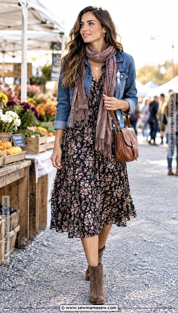 Floral Midi Dress With Denim Jacket And Ankle Boots - 25 autumn outfits dress