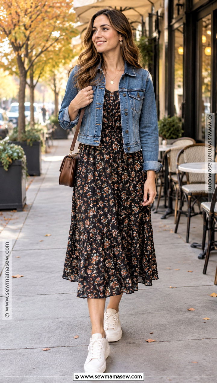 Floral Midi Dress With Denim Jacket And Sneakers - 20 autumn dress outfit casual ideas