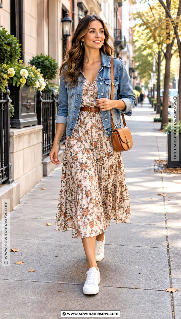 Floral Midi Dress With Denim Jacket Outfit - 15 Transitional Outfits Summer To Fall 2026