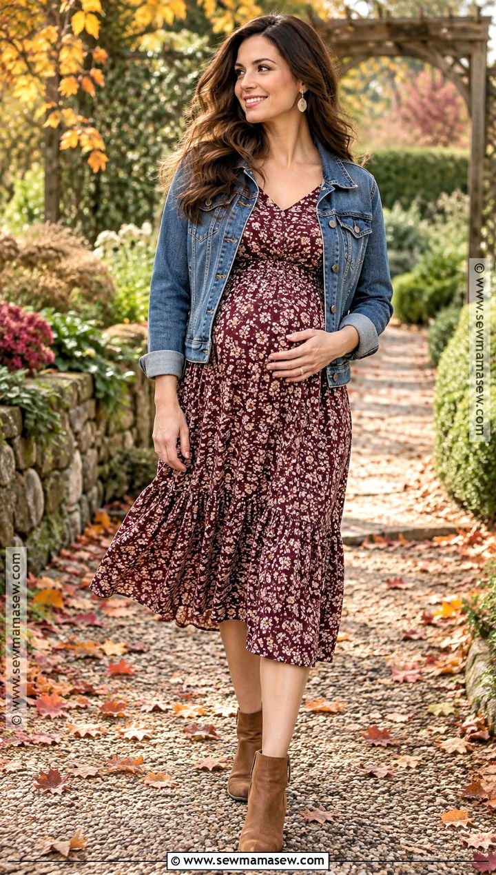 Floral Midi Dress With Denim Jacket - 15 casual maternity outfits photoshoot fall
