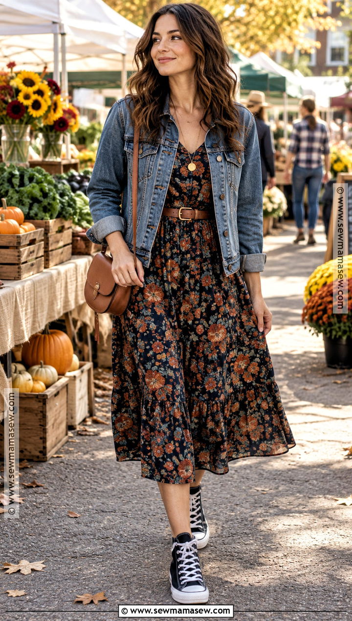 Floral Midi Dress With High Top Converse - 15 Fall Outfits With High Top Converse