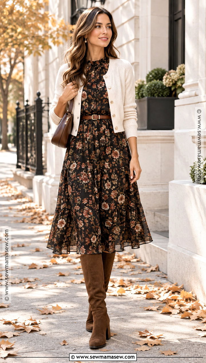 Floral Midi Dress With Knee High Boots - 20 Autumn Knee High Boots Outfit