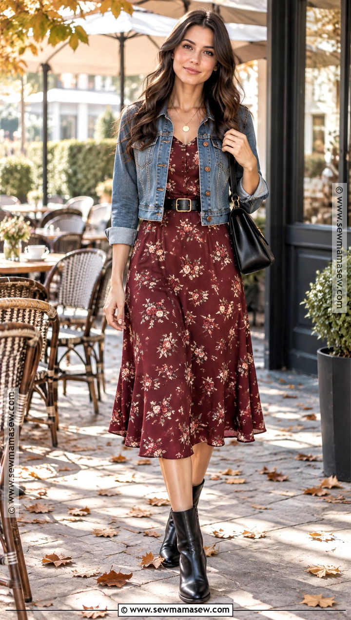 Floral Midi Dress With Leather Ankle Boots - 15 fall dress with ankle boots