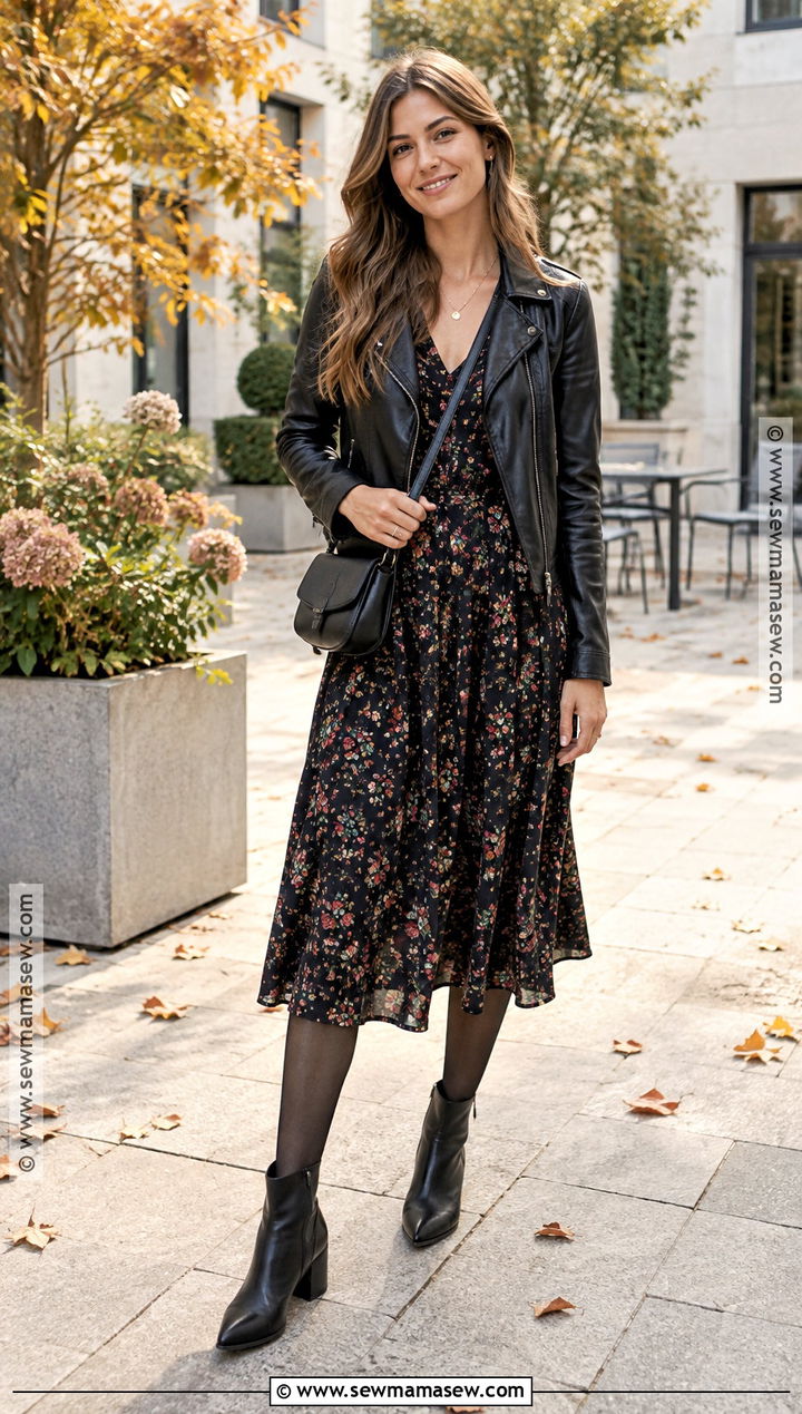 Floral Midi Dress With Leather Jacket - 25 autumn dress outfit ideas