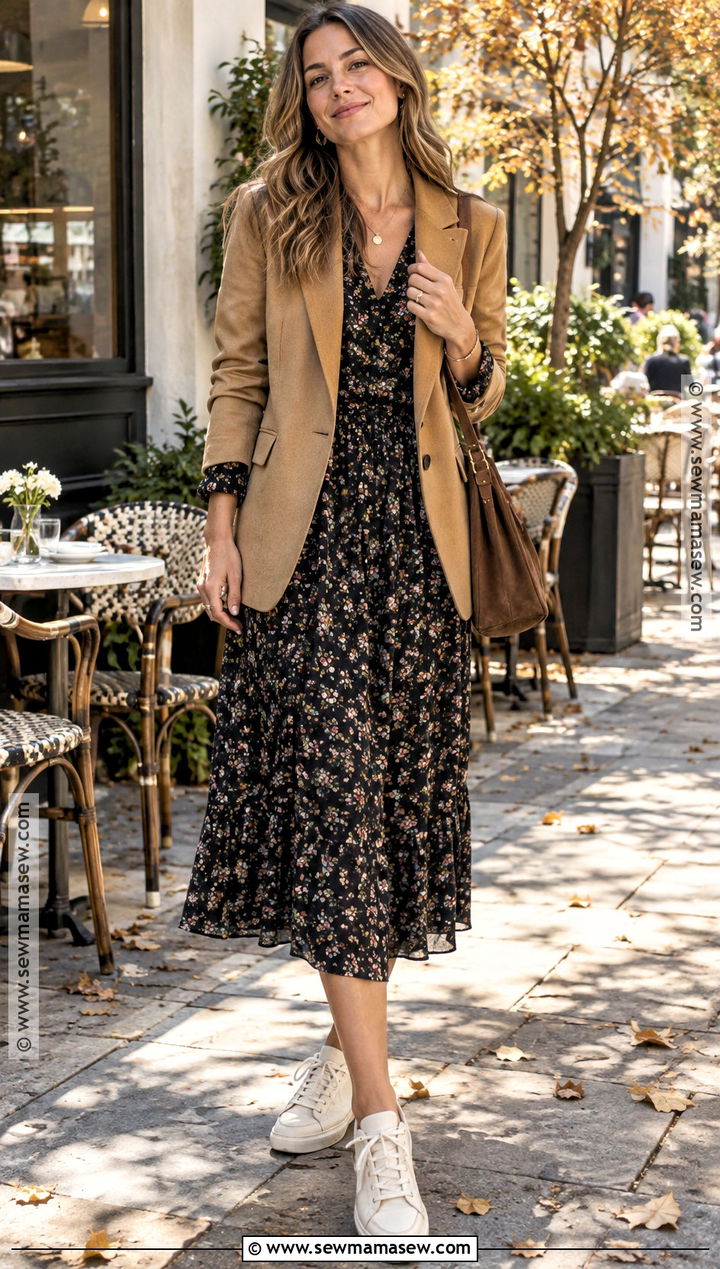 Floral Midi Dress With Neutral Tennis Shoes - 15 fall dresses with tennis shoes