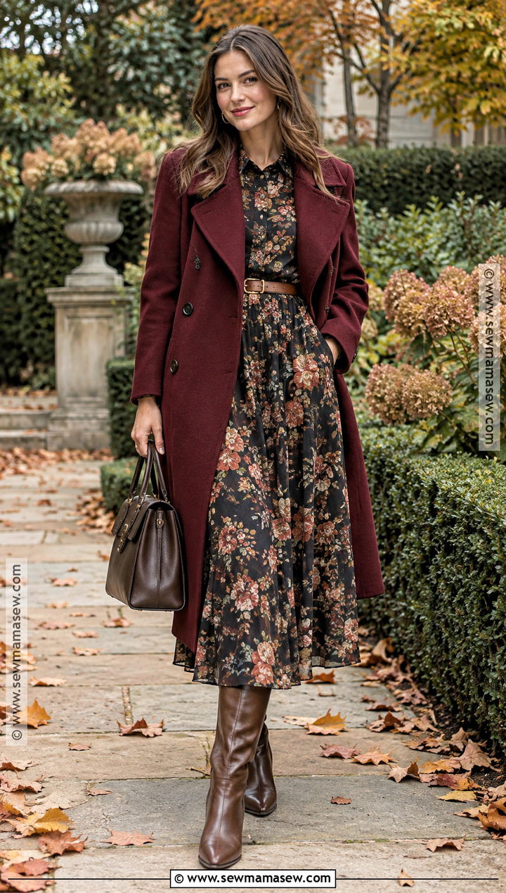 Floral Midi Dress With Structured Coat - 15 fall 24 fashion trends