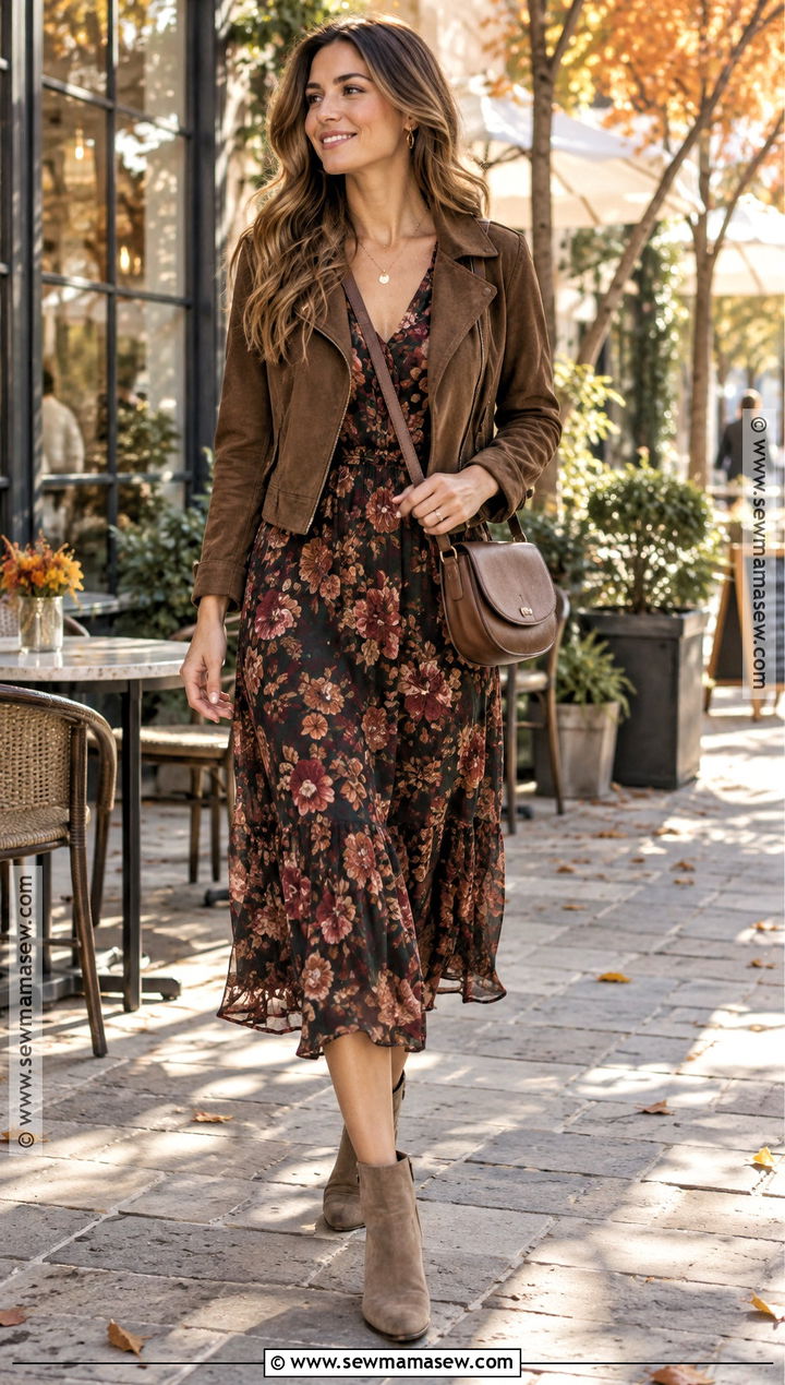 Floral Midi Dress With Suede Ankle Boots - 20 cute fall dresses