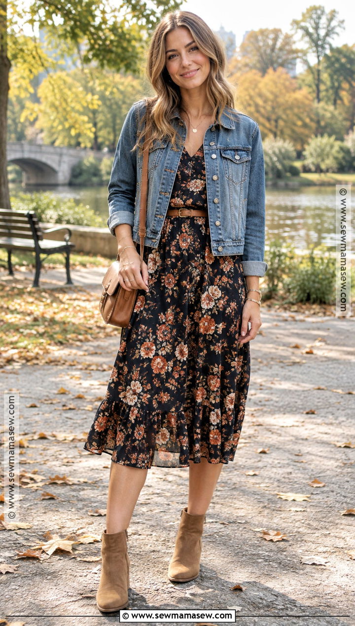 Floral Midi Dress With Suede Ankle Boots - 20 fall outfits dresses