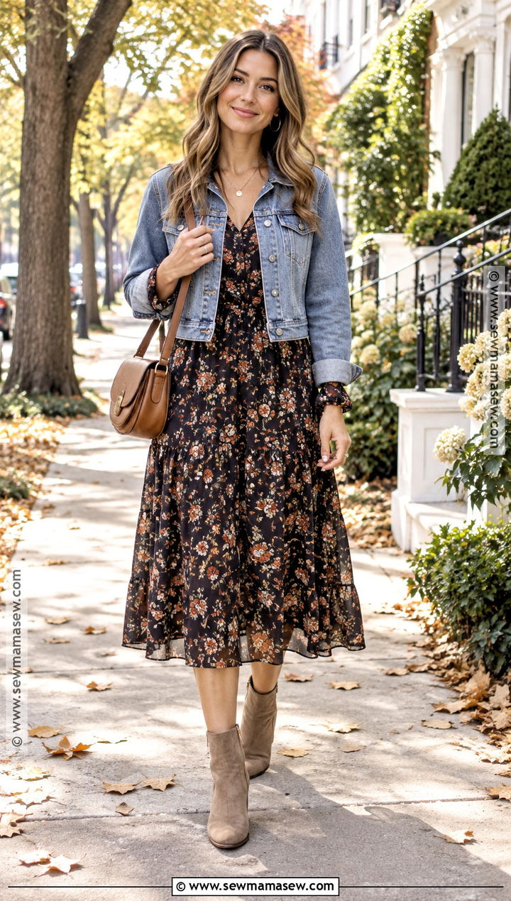 Floral Midi Dress With Suede Ankle Boots - 25 fall dresses with boots