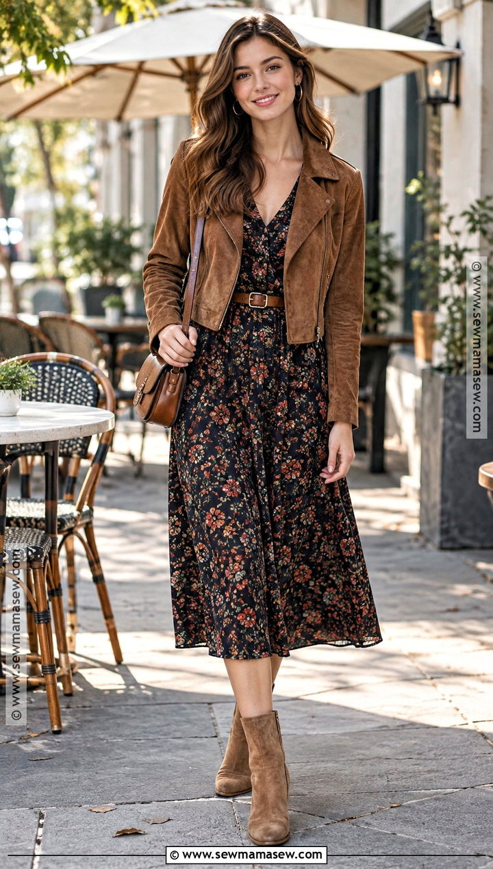 Floral Midi Dress With Suede Ankle Boots - 15 Boots And Dresses Fall
