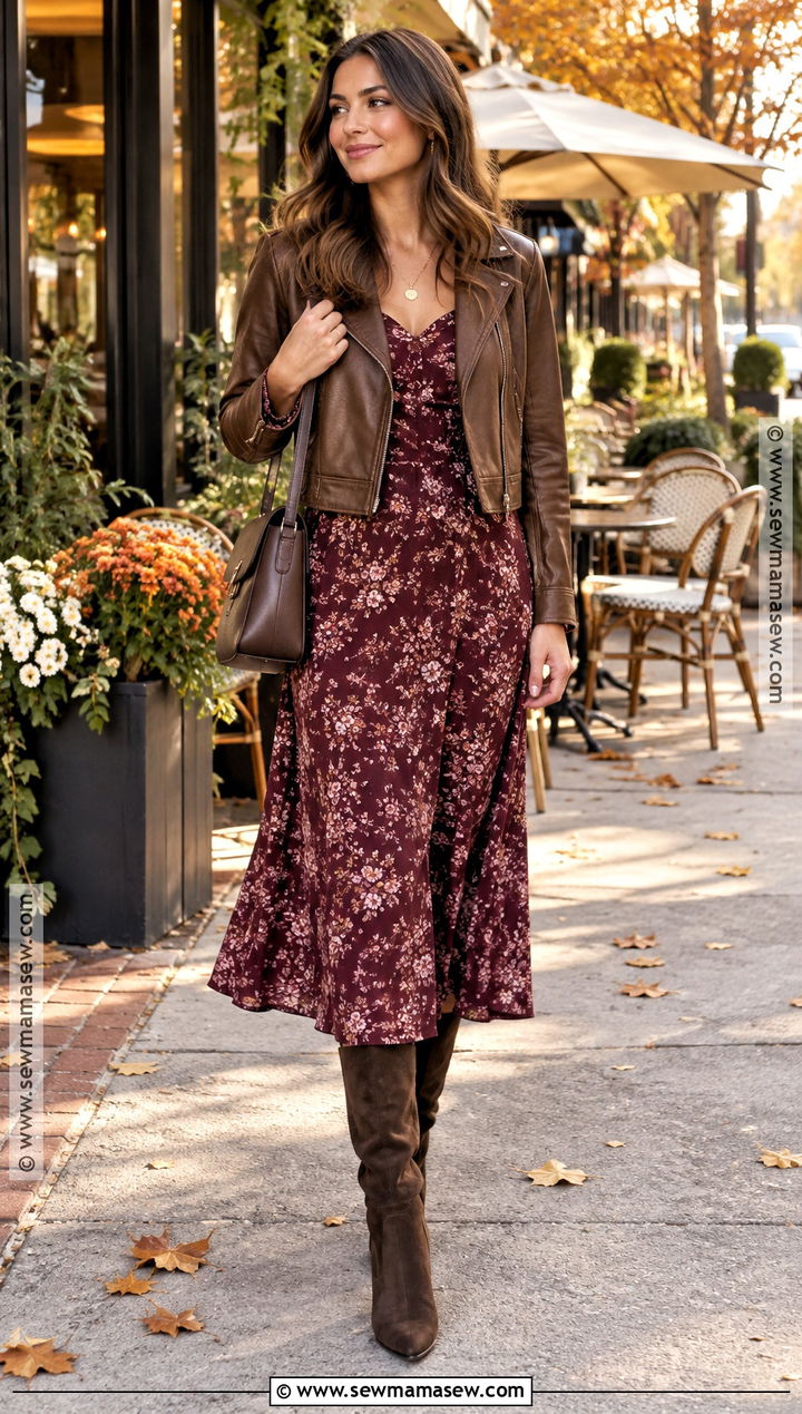 Floral Midi Dress With Suede Boots - 15 chic fall fashion look ideas