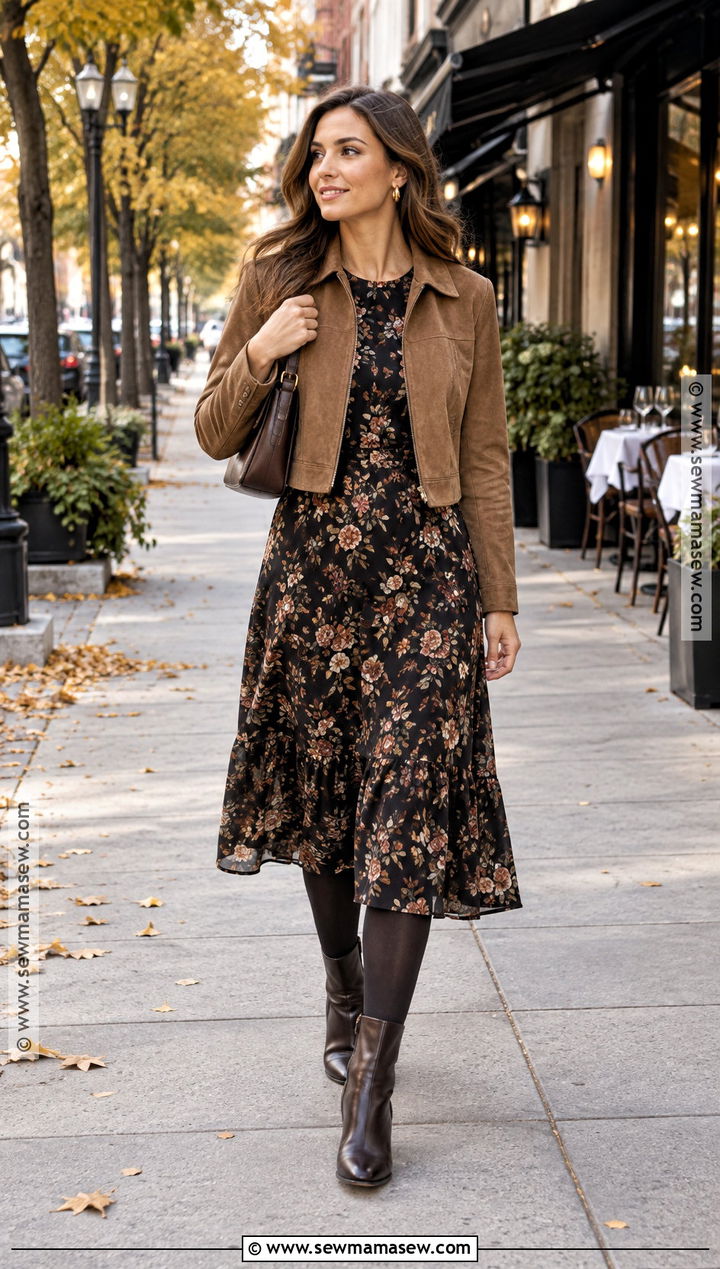 Floral Midi Dress With Suede Jacket - 20 fall dinner date outfit night out ideas