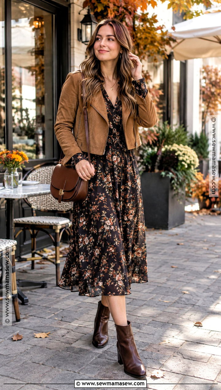 Floral Midi Dress With Suede Jacket - 20 birthday outfit ideas for women fall