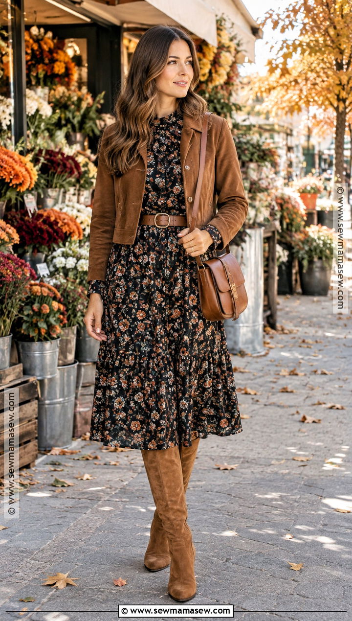 Floral Midi Dress With Suede Knee High Boots - 20 Fall Outfits Knee High Boots