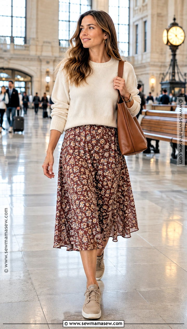 Floral Midi Dress With Sweater And Sneakers - 15 Fall Floral Dress Outfit Ideas