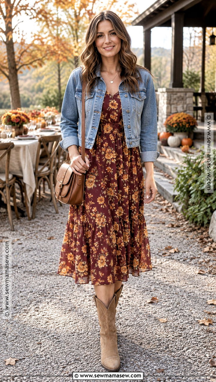 Floral Midi Dress With Tan Cowboy Boots - 20 thanksgiving outfit cowboy boots